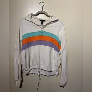 Forever 21 White Half Zip Sweatshirt with Teal, Orange, and Purple Stripes